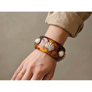 Tortoiseshell Bangle Bracelet Women Brown Seashell Resin Gold Siren Boho Mermaid